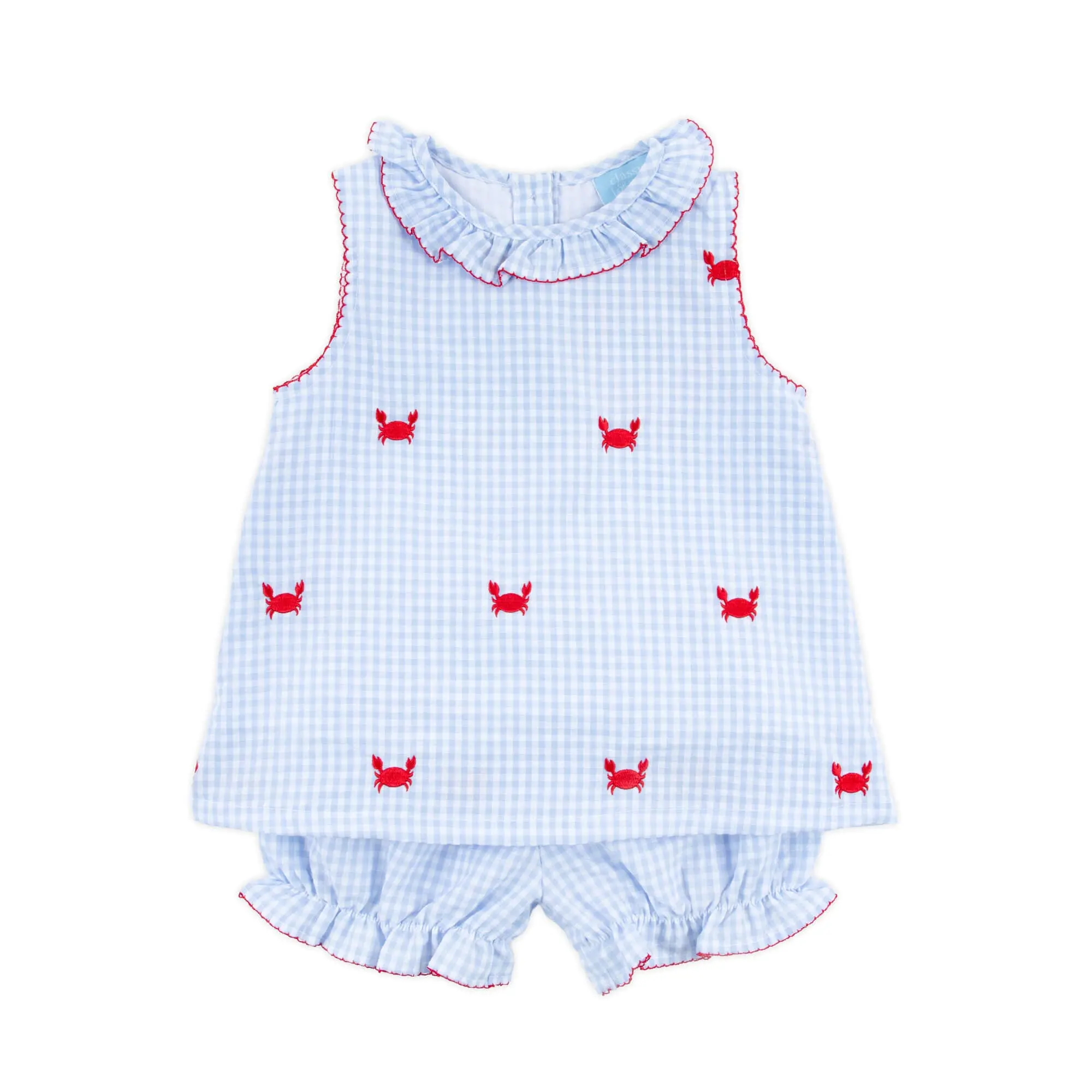 Crab Schiffli Blue Gingham Ruffle Collared Bloomer Set - Girls Embroidered 2Pc Set