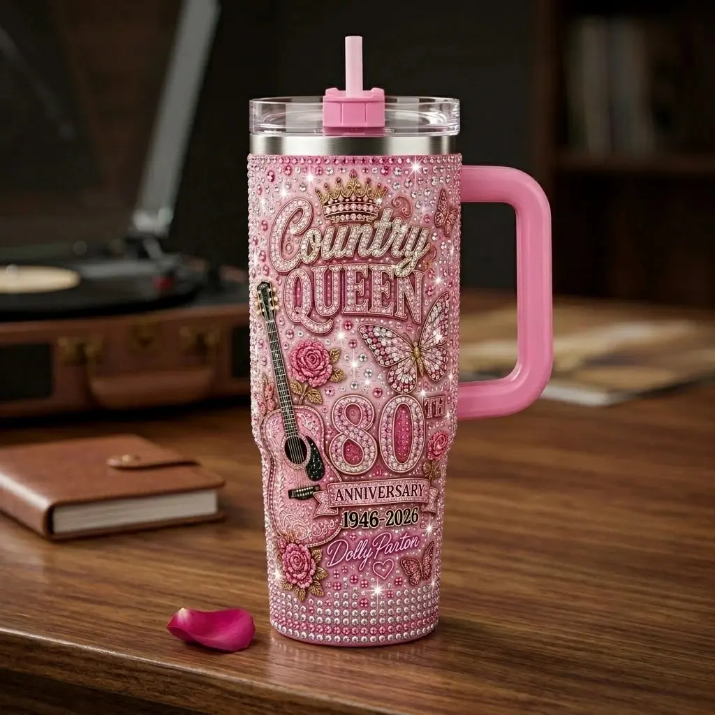 Country Queen 80th Anniversary Printed 40oz Tumbler With Handle, Pink Sparkle Butterfly Guitar Stainless Steel Travel Mug, Insulated Double Wall Thermal Cup With Straw, Southern Western Drinkware Gift For Her