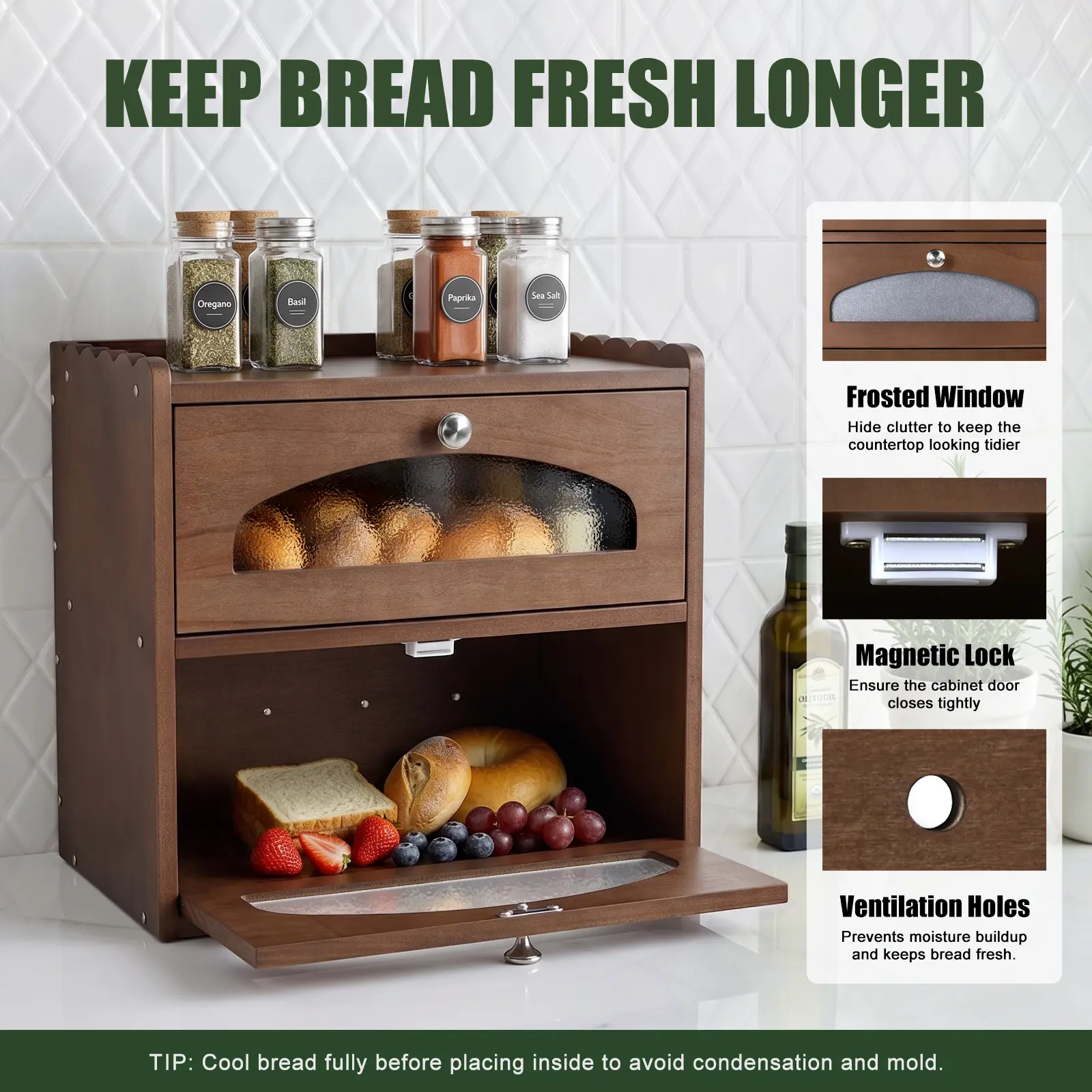 VANEREPOK Double Layer Wooden Bread Box, Large Capacity Bread Storage Container with Frosted Window & Magnetic Doors, Keep Bread Fresh Longer, Farmhouse Kitchen Countertop Organizer with 5 Bonus Bread Bags