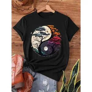 Women's Yin Yang Tree of Life T-shirt, Chinese style print, semi-sheer short sleeve, crew neck, machine washable, spring/summer wear