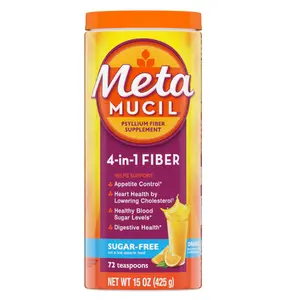 Metamucil 4-in-1 Daily Fiber Supplement Powder, Psyllium Husk Powder for Digestive Health, Sugar-Free, Orange, Naturally Sourced Psyllium Husk Powder, 72 teaspoons