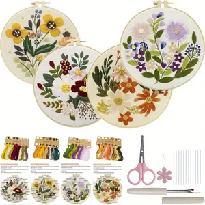 4 Sets Embroidery Set for Beginners Art Crafts Easy Sewing Includes Embroidery Clothes with Pattern, Hoop, Instruction Manual, Color Stitch Set (Assorted 1)