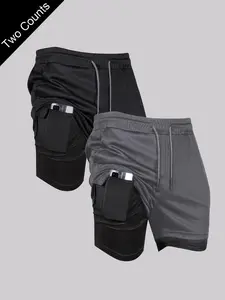 Men's Sporty Fitted Shorts Set, Solid Sports Shorts, Quick-Dry Breathable Fabric, Summer Outdoor Running Gym Wear, 2-Piece Multi-Pocket Design