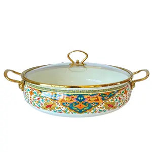 Enamel Shallow Pot, 1 Count Exquisite Chinese Style Pot with Lid & Handle, Suitable for Gas and Induction Cookers, Kitchen Cooking Utensils, Ceramic Cookware