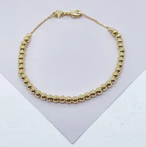 18k Gold Layered Classic 4mm Beaded Bracelet, Gold Plain Ball Bracelet