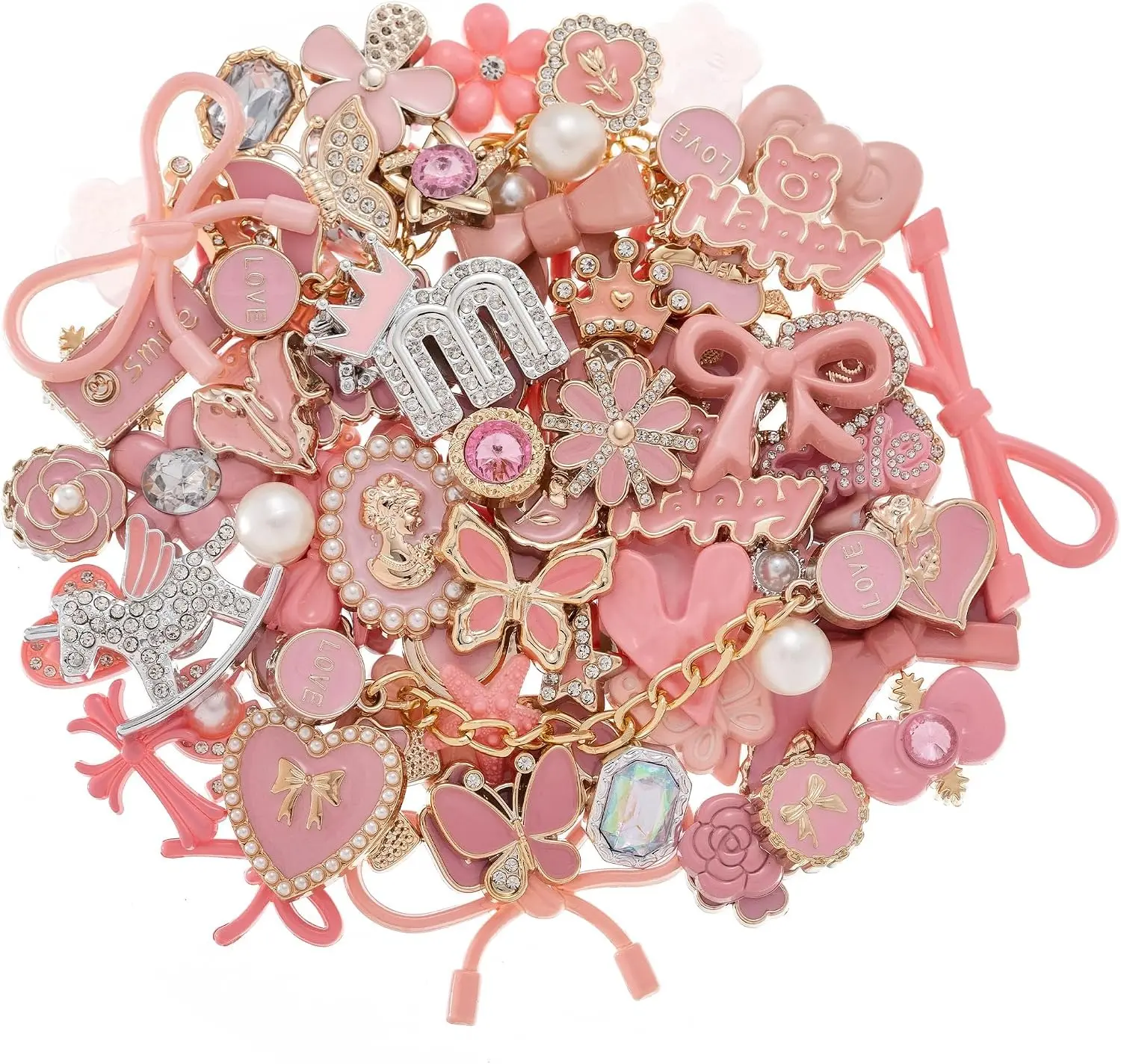 30 Pcs Cute Pink Gold Bling Shoe Charms Set - Pearl Chains, Butterfly & Flower Rhinestone Shoe Pins - DIY Aesthetic Accessories for Hole Sandals, Slides, Party Favors for Women