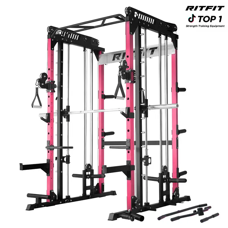 RITFIT Pink M1 Pro/2.0 Heavy-Duty Steel Multifunctional Smith Machine - Indoor Power Rack Home Exercise Equipment with Cable Crossover System, Squat Rack, Adjustable Strength Training Gear