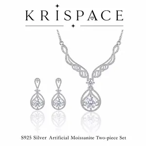 KRISPACE Original S925 Sterling Silver Moissanite Jewelry Set for Women, Statement Winged Halo Necklace and Dangle Earrings 2-Piece Set for Wedding & Evening Gala