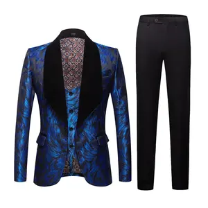Mens Suit 3 Piece Slim Fit Jacket Feather Pattern Blazer Coat Pants Sets Stylish Shawl Tuxedo for Party Dinner Prom--Blue