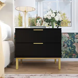 FUFU&GAGA Modern Nightstand with 2 Storage Drawers & Gold Metal Legs, Minimalist and Versatile Bedside Table Sofa (19.7" L x 15.7" W x 17.9" H)