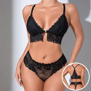 Summer new style women's bra set, lace French triangle cup, adjustable thin strap thong