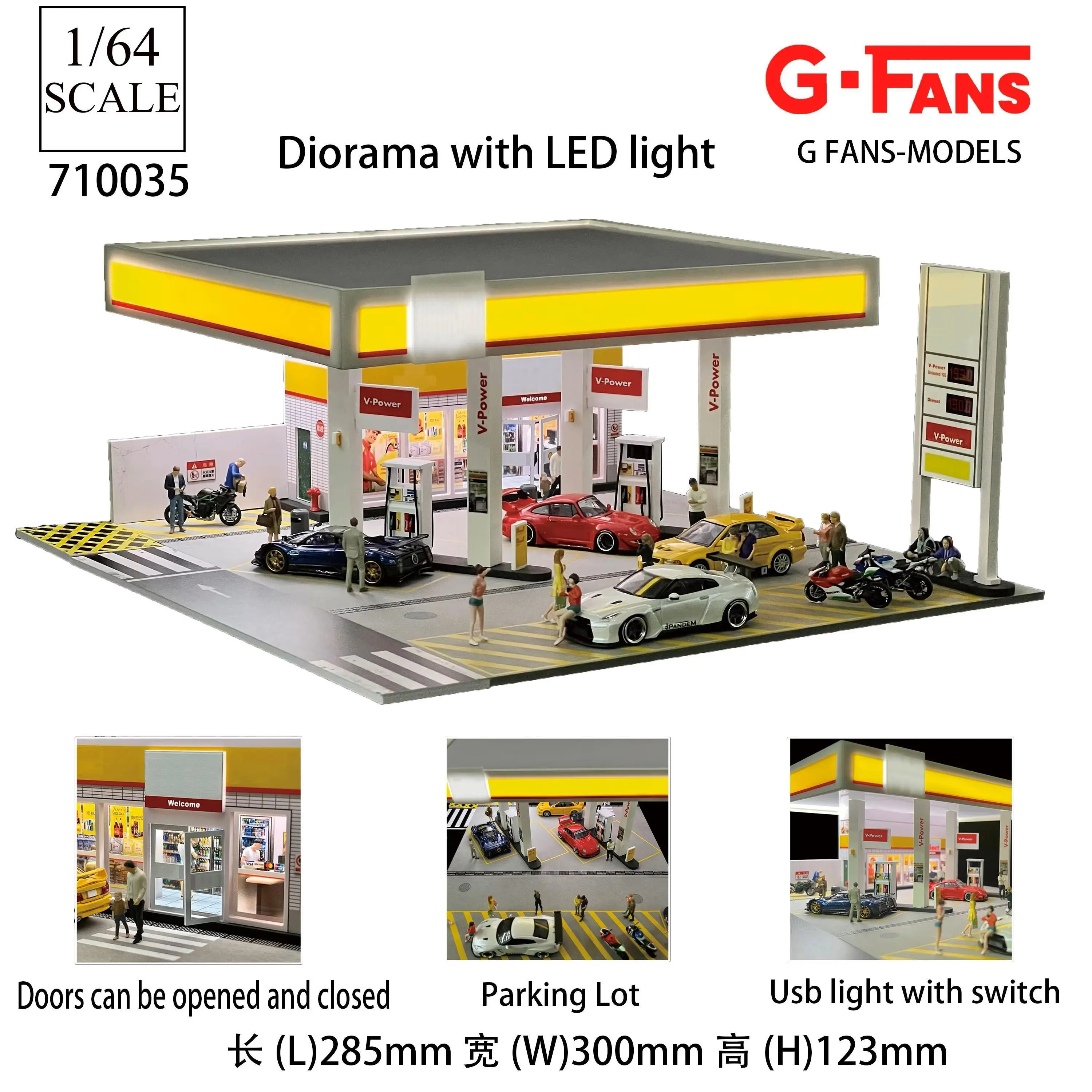 1:64 G-FANS Diorama Car Garage Model LED Lighting City Car Parking Lots Model Background Display Scene Model Set Collection Gift