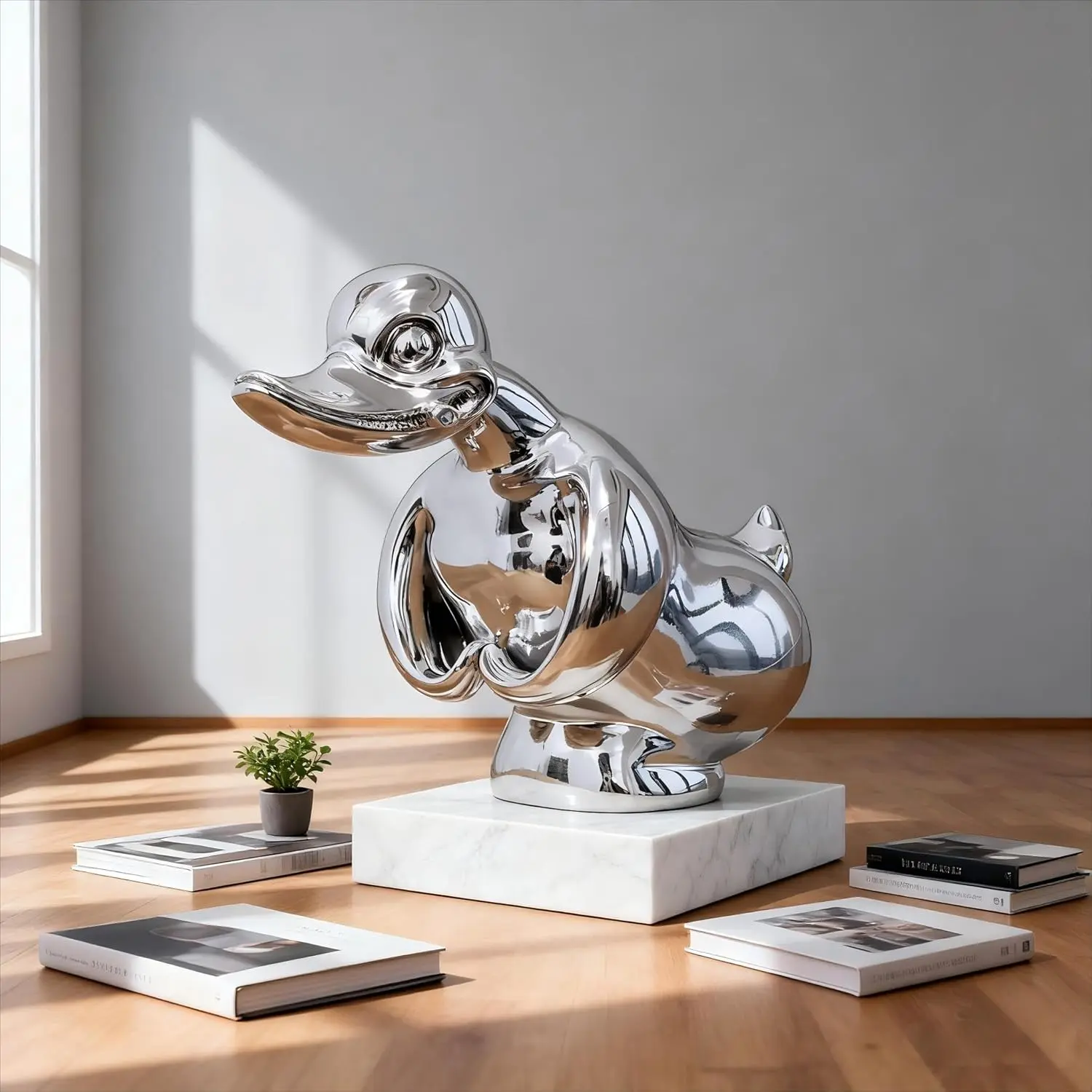 "Angry Duck" Hood Ornament – ​​3D Chrome Metal Car Emblem, Electroplated Two-Tone Black & Silver Finish, High-Gloss Polished Craftsmanship. Adorable Design; Suitable for Cars, Desktops, Display Cases, and Bar Decor (Light Silver).