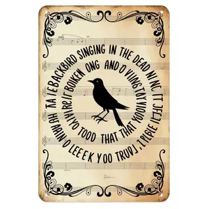 Blackbird Song Lyrics Tin Sign, Vintage Beatles Blackbird Metal Sign Print Aesthetic Room Decoration for Home Bedroom Kitchen Bar Coffee Bathroom Indoor Outdoor Wall Decor, 8 X 12 in