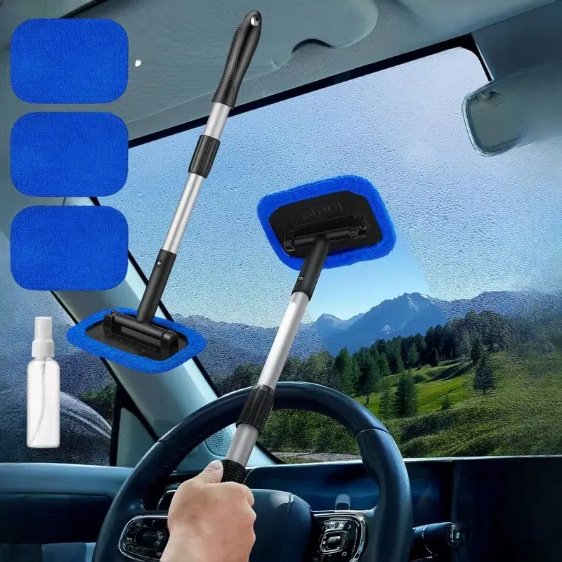 6Pcs Premium Windshield Cleaner Kit - Extendable Handle Microfiber Window Brush, 4 Reusable Washable Pads, Auto Inside Glass Wiper, Surface Cleaner for Cars, Trucks, Exterior, 60ml Spray Bottle, Vehicle Daily Care Tool