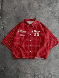 Men's Short Cuban Collar Shirt, Plaid, Thrive Font & Number 23 Print, Y2K Retro Streetwear, Breathable Anti-Wrinkle Fabric