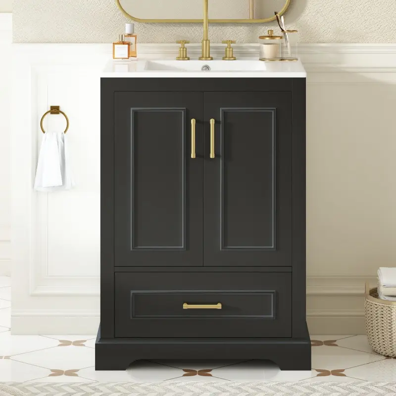 24"Bathroom Vanity with Sink, MDF Cabinet with Solid Wood Frame, 1 Divided Drawer and 2 Soft Close Doors with Dual Door Storage Racks, Freestanding Vanity
