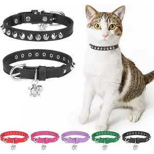 Leather Cat Collars for Boy Girl Cats with Bell and Safety Elastic Belt, Personalized Rivets Stud Adjustable Safe Buckle Collar with Skull Charm for Kitty Small Pets, Black cat  collar  girl
