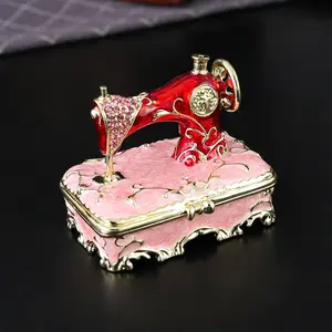 Enamel Creative Small Decorative Box, Enamel Rhinestone Sewing Machine Alloy Decoration Box, Metal Craft Jewelry Case