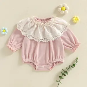 Cute Infant Baby Girl Rompers Puff Long Sleeve Crew Neck Lace Floral Ruffle Trim Decor Bubble Jumpsuit Sweet Onesie Bodysuit