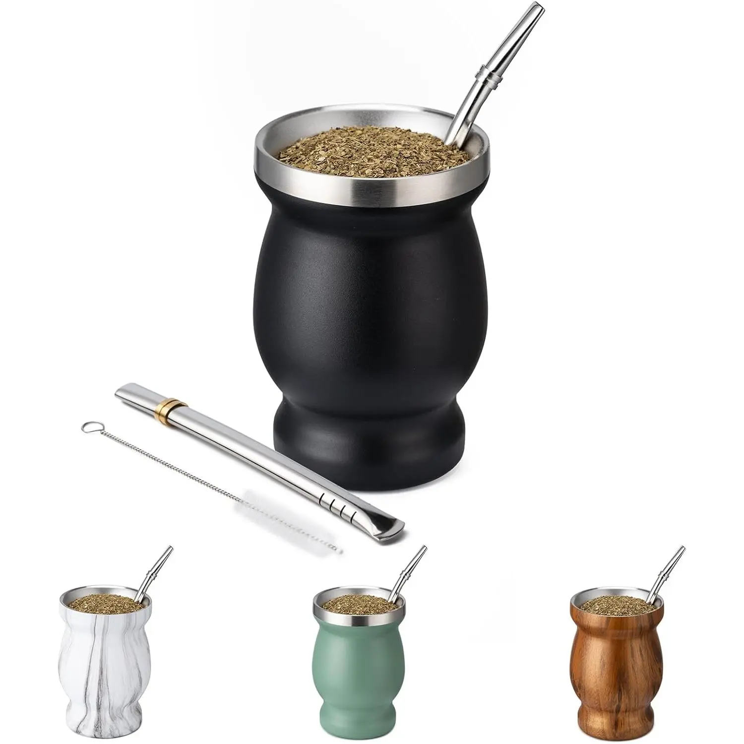 8oz Yerba Mate Cup, 304 Stainless Steel Double-Wall Mate Cup, Heat Insulation Yerba Mate Gourd,  Cup Set Includes Cleaning Brush & 2 Bombillas (Black)