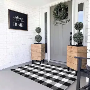 Cotton Buffalo Plaid Rug, 3x5 Black and White Check Outdoor Rug Front Door Decorative Mat, Hand-Woven Reversible Foldable Rug for Layered Door Mats Washable Carpet for Front Porch, Entryway