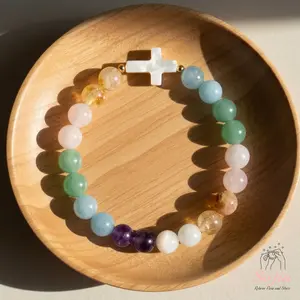 Mother of Pearl Cross Bracelet - 8mm Gemstone Beaded Bracelet - Easter Gifts Boho Jewelry Stackable, Elastic