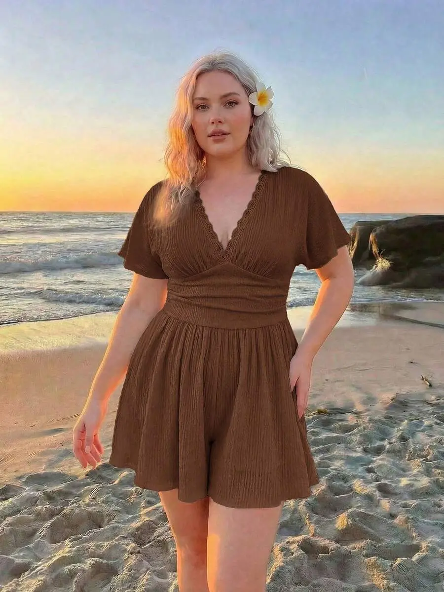 Curvera x  [DC] Plus Size Women's V-Neck Lace Trim Batwing Jumpsuit, Apricot, Casual Wear