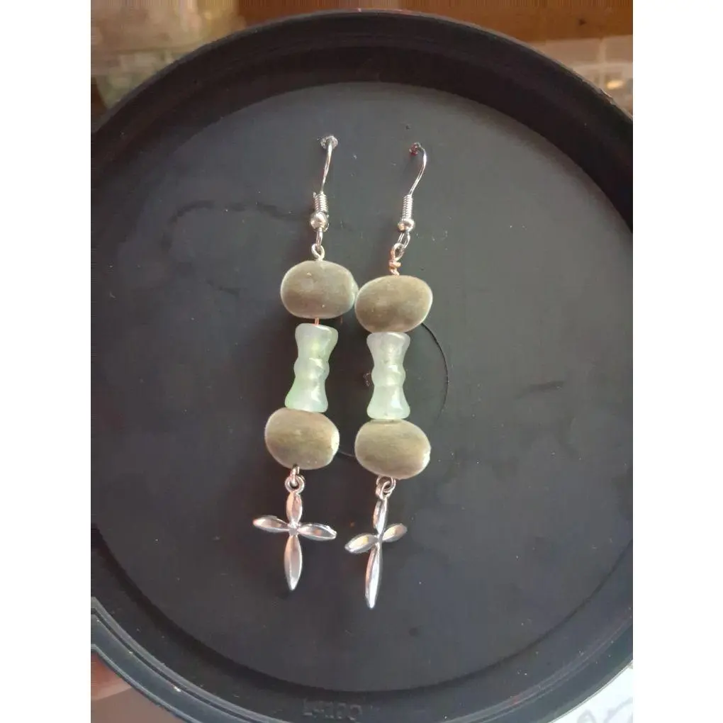Earrings with Cross Design, Featuring Beads and Silver Tone, Ideal for Everyday Wear