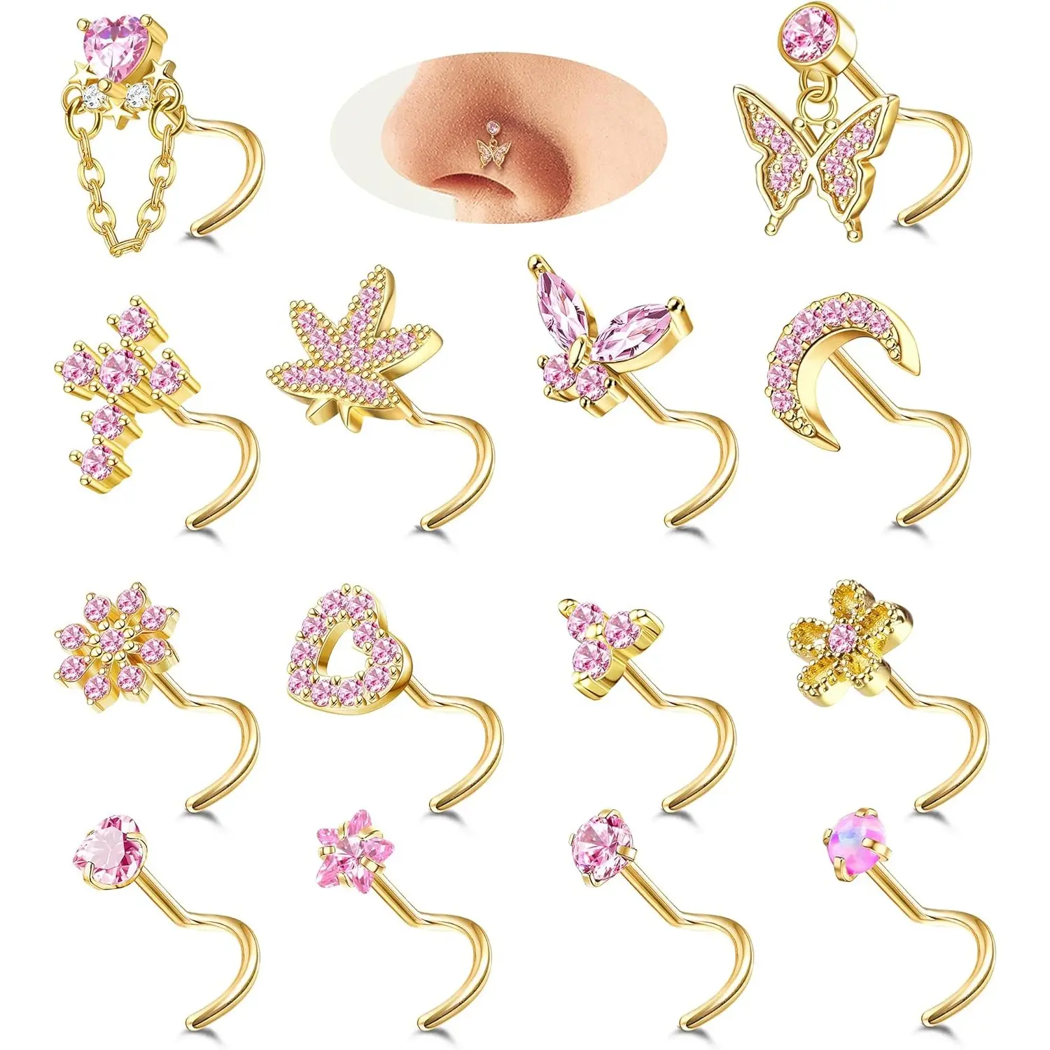 MILACOLATO Nose Rings Nose Studs for Women Nose Piercings 20G L Shaped Corkscrew Dangle Nose Rings Studs Simulated Diamond Pink CZ Opal Dangling Dangly Hanging Nose Piercing Jewelry with Heart Star Butterfly Flower Cross Moon Charm Cute Dainty, Stainless