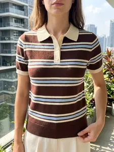 Women's Vintage Striped Polo Sweater Top, Casual Short Sleeve Slim Fit Fitted Knit Pullover, Soft Lightweight Summer Shirt Vintage Tops for Daily Wear Streetwear Womens Clothing