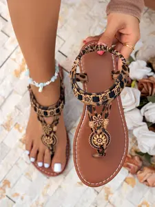 Women's Boho Sandals, Fashion Summer Leather Cross Strap, Comfortable Beach Shoes, Textile Upper, Rubber Sole, Leopard Pattern, Strap Flat Sandals