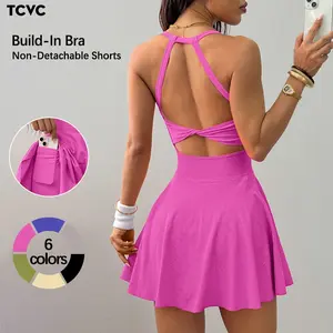 Women's Solid Blue High Stretch Sports Dress with Built-in Pocket for Yoga Workout Casual Active Spring Summer Fall Winter Breathable Anti-Exposure Backless Sleeveless Athletic Wear