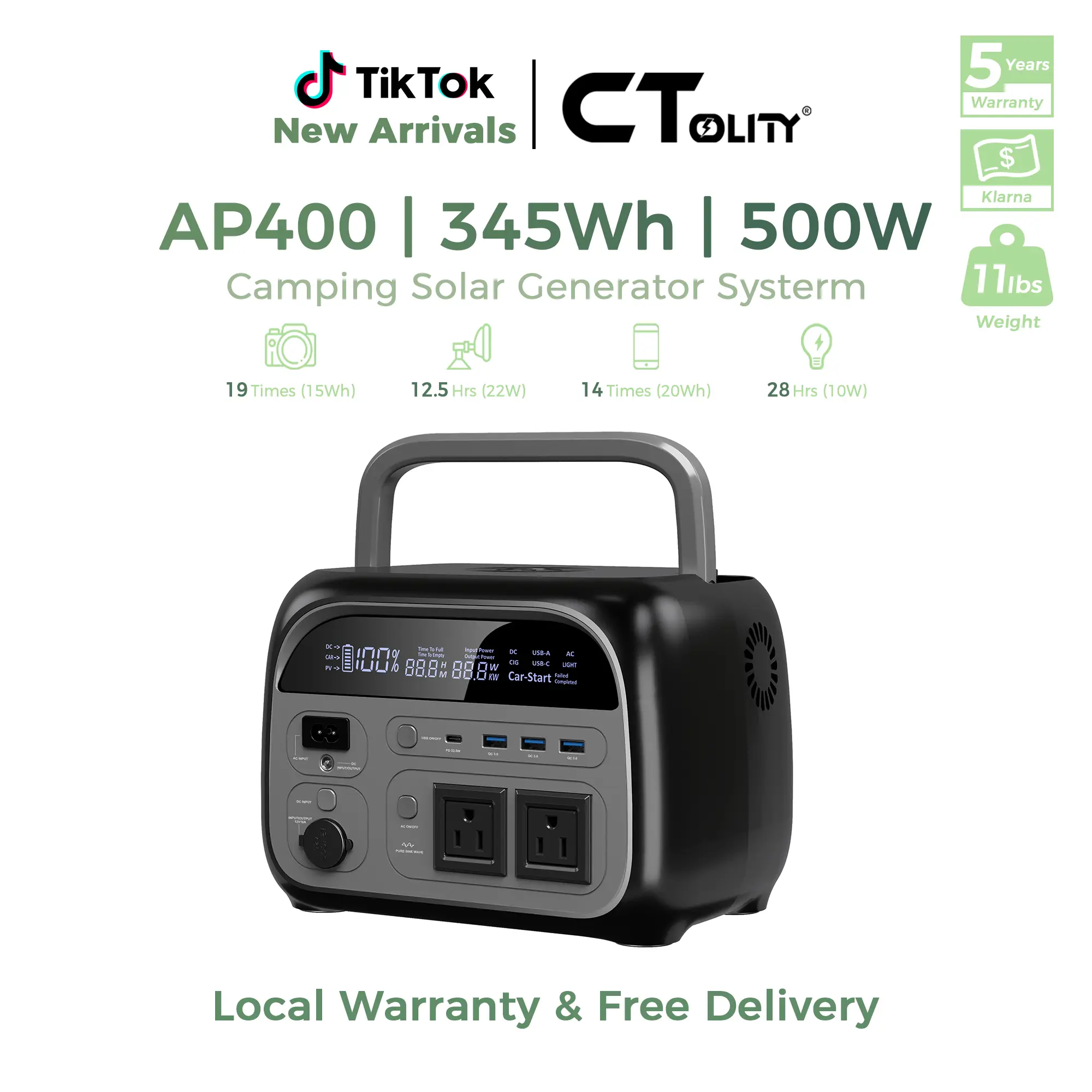 Black Friday Deal CTOLITY AP400 500W 345Wh Portable Power Station LiFePO4 Battery Pure Sine Wave AC Outlet USB QC3.0 LED Light 20W Wireless Fast Charging Solar Generator for Home Backup Power Camping Travel RVs Emergencies