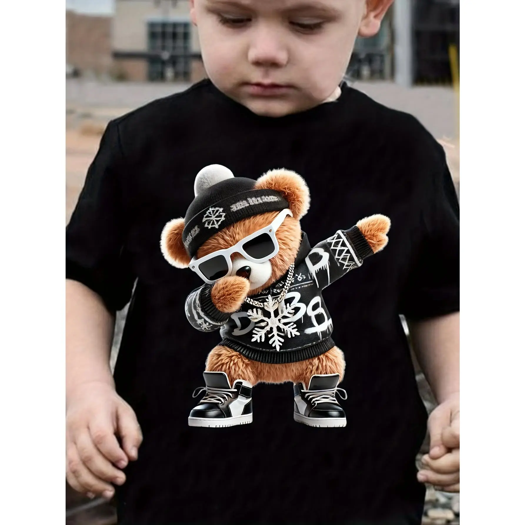 Boys' Cool Hip-Hop Bear Print T-Shirt - Casual Round Neck, Short Sleeve, Breathable Polyester, Machine Washable - Perfect for Spring/Summer |