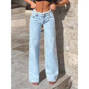 Women’s light blue wide-leg jeans with a frayed hem — loose-fit denim pants for spring, summer, and fall; casual-chic, machine-washable non-stretch jeans; durable fabric street style; minimalist sturdy construction; women’s bottom—baggy jeans