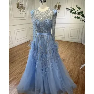 2025 Arabic Blue A-Line Evening Gown: Luxurious Beading and Feathers - Dubai-Inspired Elegance for Women's Wedding Party