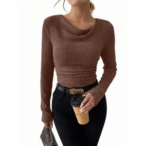 Vintage Asymmetrical Draped Neck Textured Ruched Fitted Long Sleeve T-Shirt Fall Cloth For Women Brown Cowl Neck Top Brown Ribbed Top Ribbed Top Brown Tops For Women Brown Long Sleeve Top