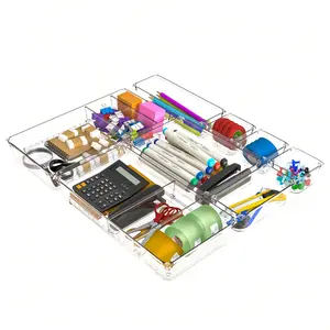 8 PCS Clear Plastic Drawer Organizers Set, 5-Size Versatile Bathroom and Vanity Drawer Organizer Trays, Storage Bins for Makeup, Bedroom, Kitchen Gadgets Utensils and Office