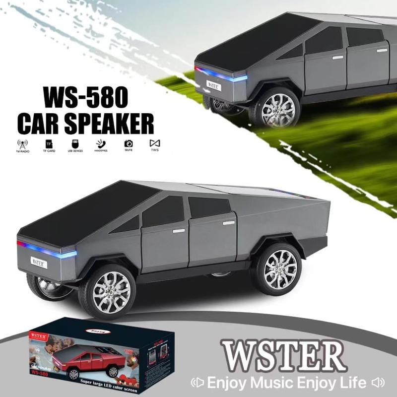 WS-580 Bluetooth Pickup Truck Speaker with Display Screen, HD Sound, TWS Pairing, FM Radio, Hands-Free Calling, LED Party Lights, Gray