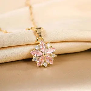Pink Sakura Pendant Stainless Steel Necklace for Women Korean Fashion Clavicle Chain Jewelry Gift 40cm + 5cm Extender Lightweight Non-Tarnish Coating