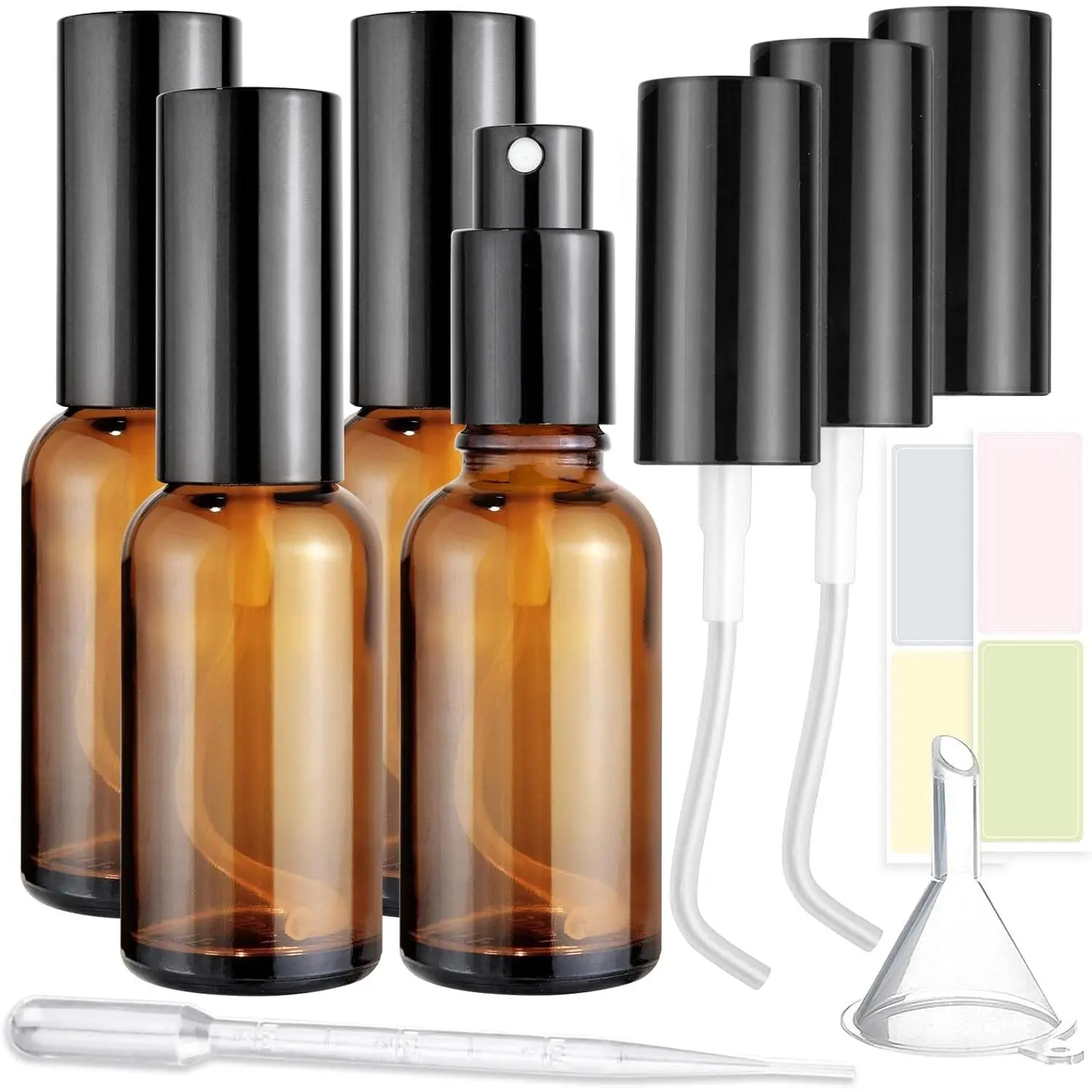 4-Pack 1oz/30ml  Glass  Bottles for Fine Mist | with 2 Extra Nozzles, Refillable Essential Oil, Toner, Hair Care & Cleaning Solutions Bottles Set | Leak-Proof, UV Protection
