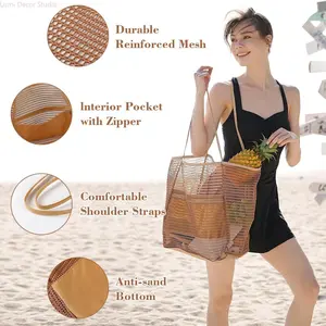 Large Mesh Beach Tote Bag for Women – Lightweight Foldable Travel, Pool & Vacation Bag with Anti-Sand Bottom & Comfortable Shoulder Straps