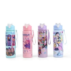 Huntrx K-Pop Demon Hunters Water Bottle with Flip Top, 24oz Leakproof Anime Character Sports Bottle with Lanyard, Reusable BPA-Free Water Jug for Kids & Teens