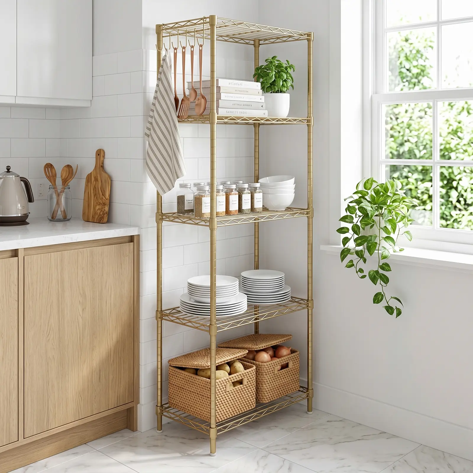 Iron 5-Layer Home Storage Display Rack - Adjustable Layer Spacing, Plug-In Deformable Structure, Adjustable Legs, Powder-Coated High-Gloss Gold Finish, 54*29*150cm