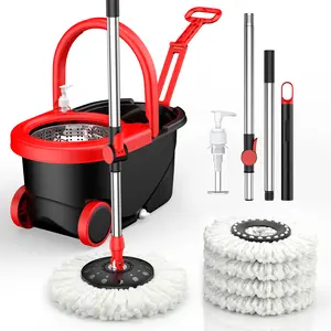 Three  and bucket sets，Spin Mop Bucket with Wringer Set, Operable 360 ° Rotating Mop Bucket Set, with 3 Microfiber Replacement Head ,Stainless Steel Mop Bucket 61 Inch Adjustable Handle Household Cleaning Tools Black Plastic