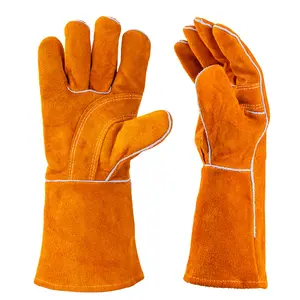 16 inch Leather Welding Gloves, Large Black Fireproof and Heat Resistant Work Gloves