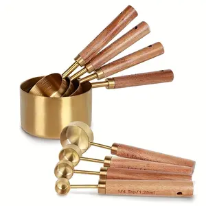 8 Pcs Set Golden Baking and Cooking Measuring Spoon Set, with Wooden Handle,Stainless Steel,Specially Designed for Cooking and Baking, Kitchen Utensils ,Textiles & Soft Furnishings