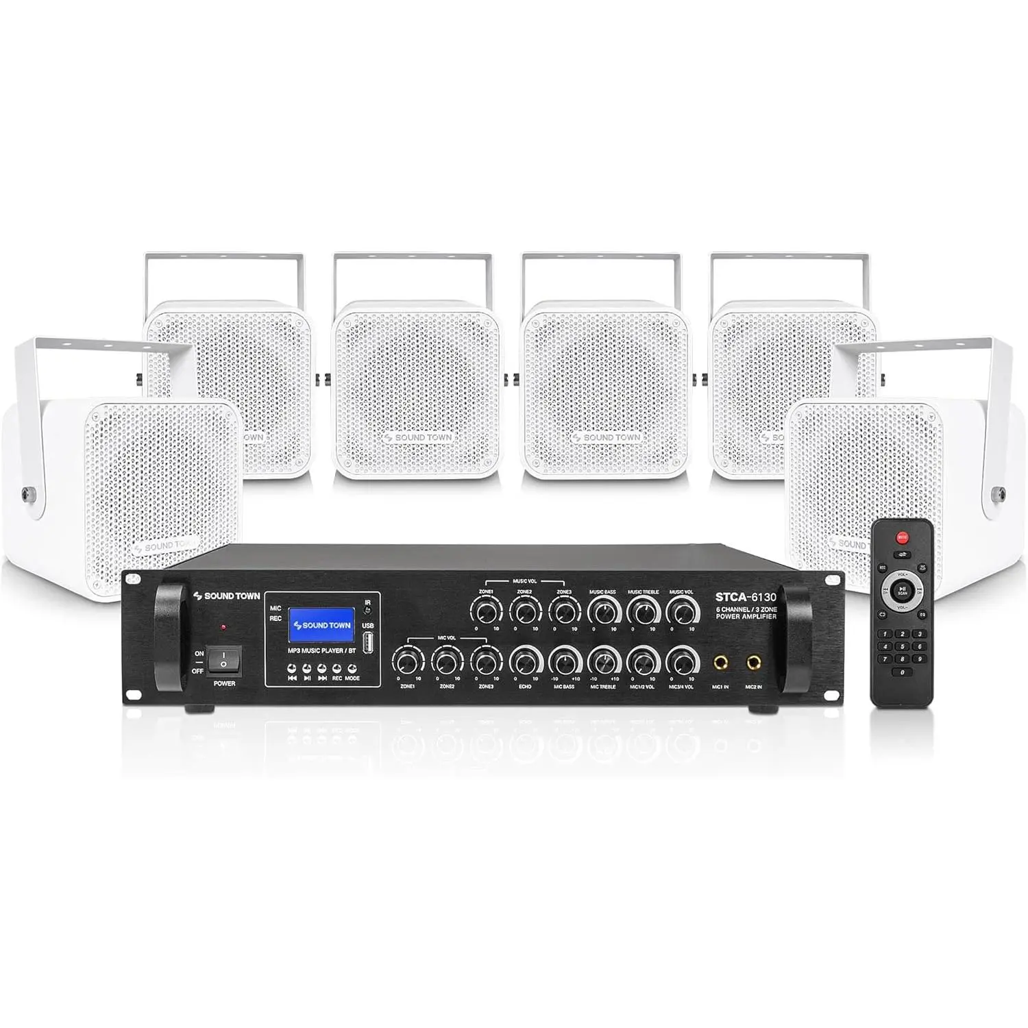 Sound Town Commercial Sound System Set with 3-Zone Low-Impedance Bluetooth Amplifier, 6 x 5 Coaxial Wall-Mount Speakers for Indoor Installation, White (STCA6130X6CM5W)