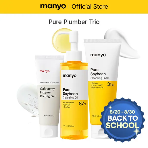 [manyo] Pore Plumber Trio (Galactomy Enzyme Peeling Gel 75ml + Pure Cleansing Oil 200ml + Pure Soybean Cleansing Foam 160ml) 3-Step Double Cleansing Set for Face, Dead Skin & Blackhead Remover, Korean Skin Care
